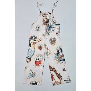 Womens Sailor Tattoo Print Wide Leg Jumpsuit Mermaid Nautical Rockabilly Cream